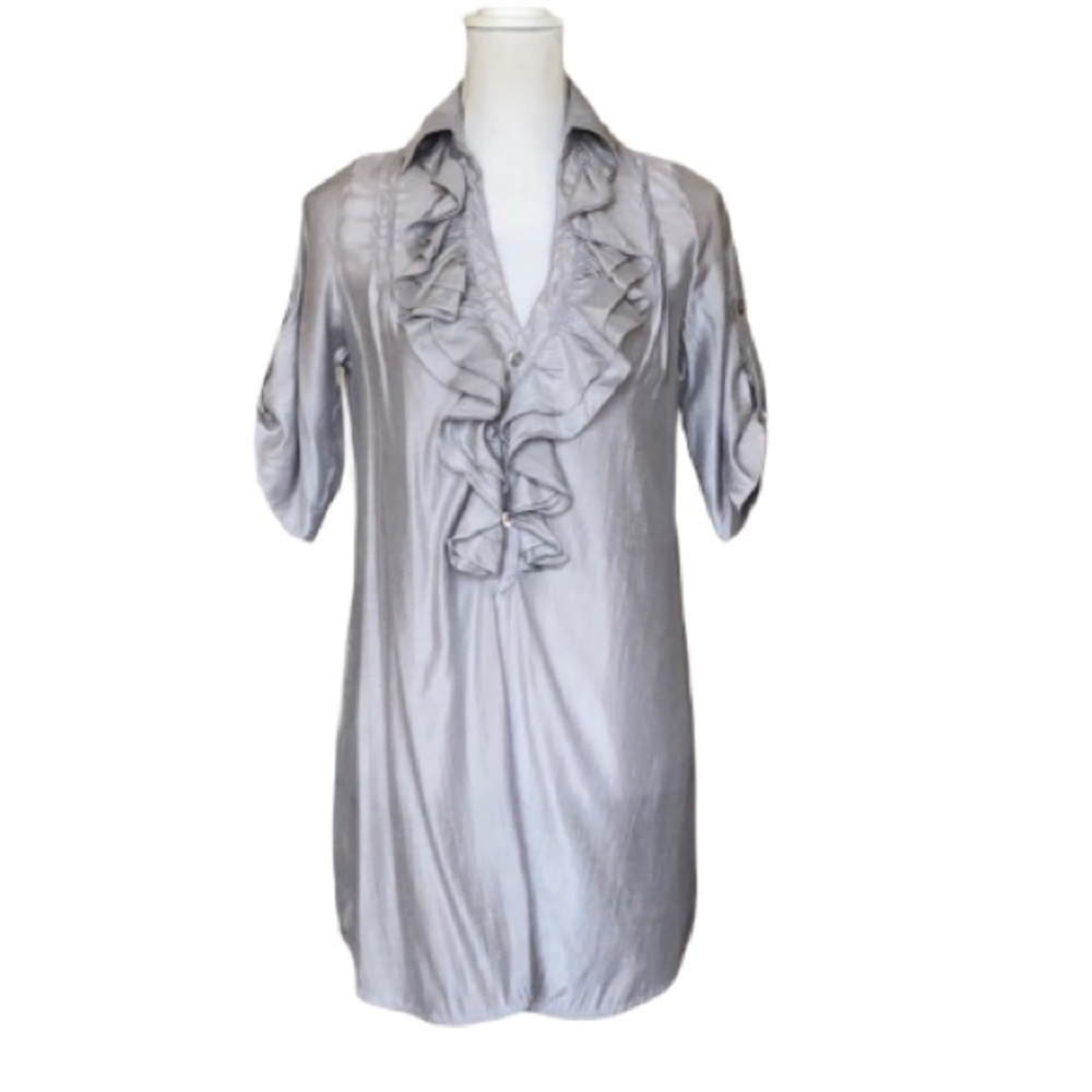 Arden B silver tunic shirt with front ruffles